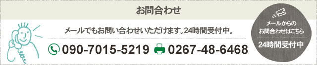 お問合わせ メールでもお問い合わせいただけます。24時間受付中。 フリーダイヤル 090-7015-5219 FAX 0267-48-6468 メールからの お問合わせはこちら 24時間受付中